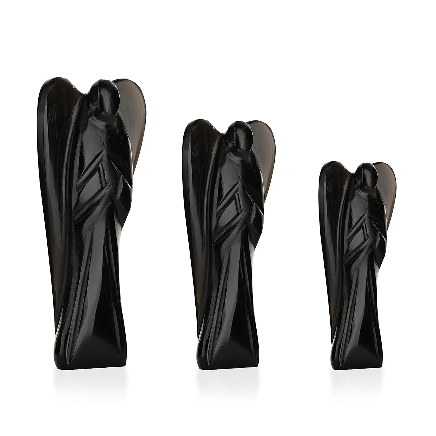 Livmore Handcraved Set Of 3 Black Obsidian Gemstone Angel (3, 2.5 and 2 Inch)