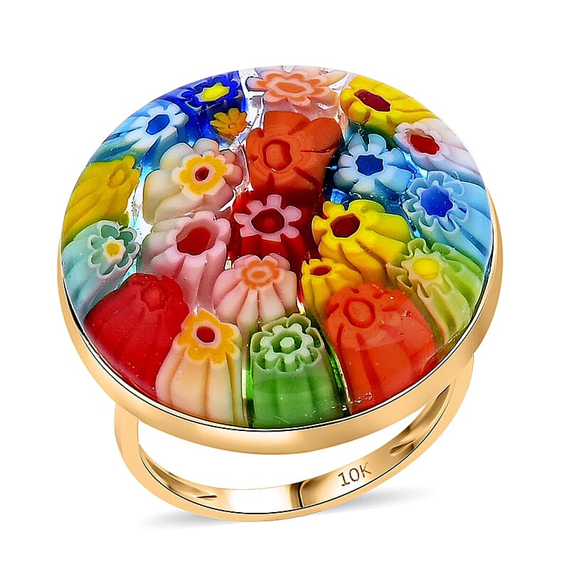 Multi Color Murano Style Solitaire Ring in 10K Yellow Gold (Size 6.0)