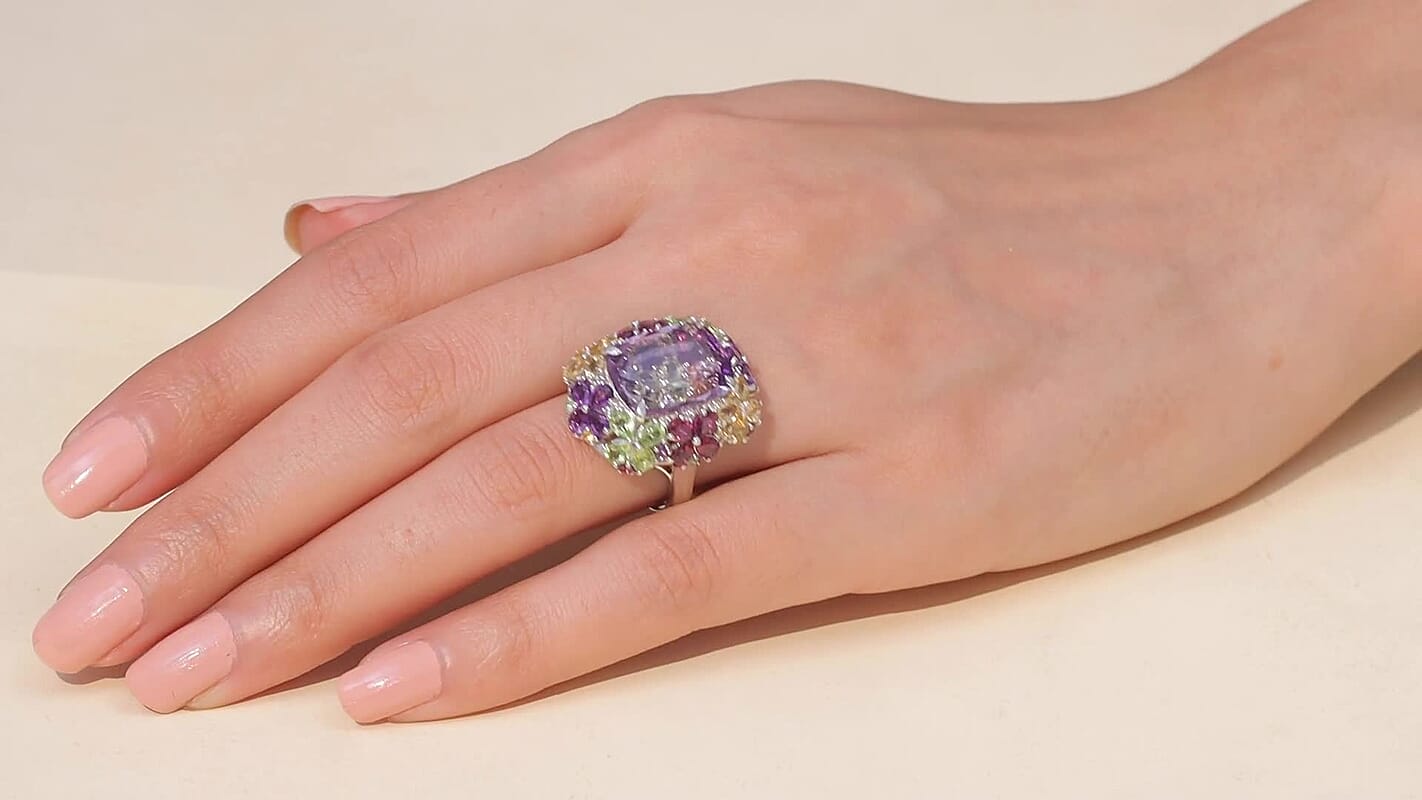 GP Italian Garden Collection Premium Rose De France Amethyst and Multi Gemstone 15.70 ctw Ring in Rhodium Over Sterling Silver (Size 10.0)