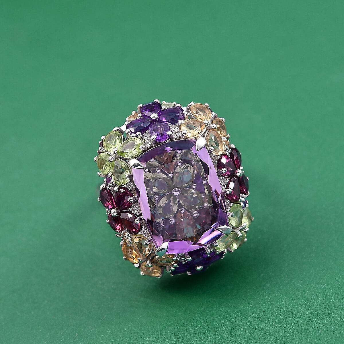 GP Italian Garden Collection Premium Rose De France Amethyst and Multi Gemstone 15.70 ctw Ring in Rhodium Over Sterling Silver (Size 10.0) (Del. in 12-15 Days)  image number 1