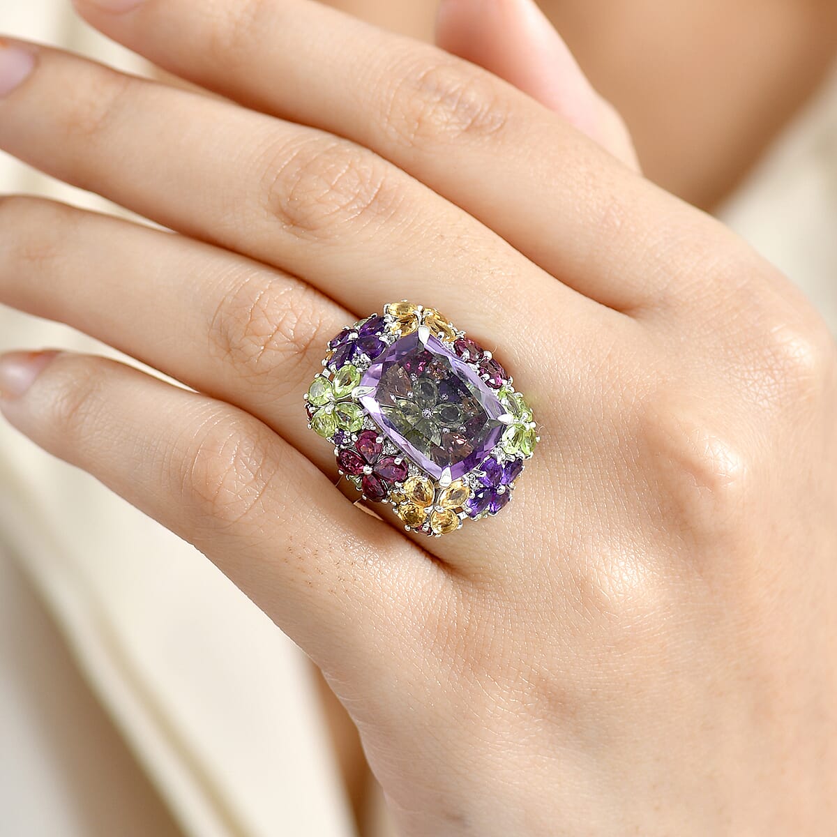 GP Italian Garden Collection Rose De France Amethyst, Multi Gemstone Ring in Rhodium Over Sterling Silver 15.70 ctw (Size 6.0) image number 3
