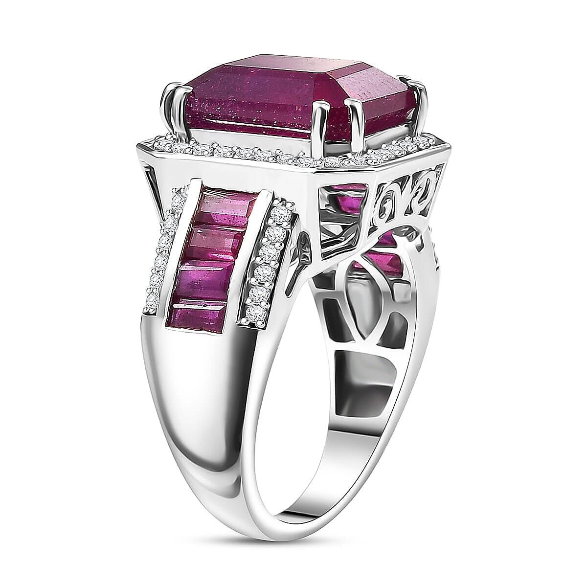 D'Joy African Ruby, Moissanite Ring in Rhodium Over Sterling Silver 12.10 ctw (Size 10.0) image number 3