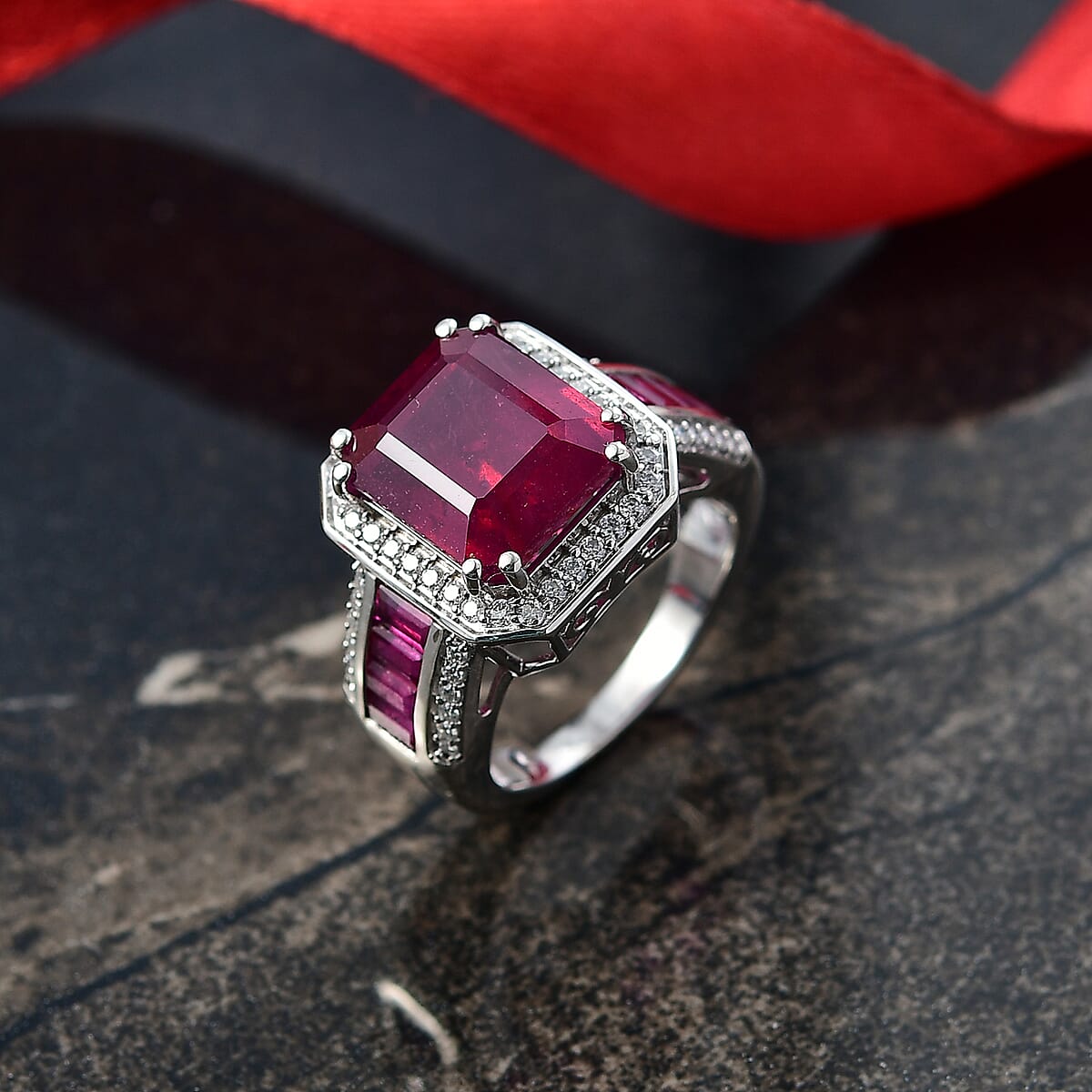 D'Joy African Ruby, Moissanite Ring in Rhodium Over Sterling Silver 12.10 ctw (Size 6.0) image number 1