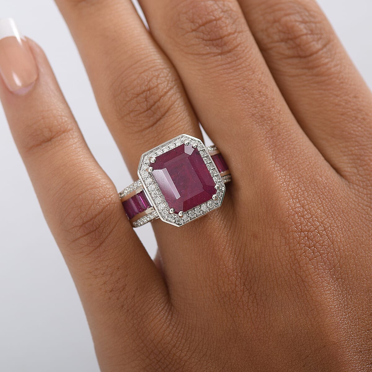 D'Joy African Ruby, Moissanite Ring in Rhodium Over Sterling Silver 12.10 ctw (Size 6.0) image number 2