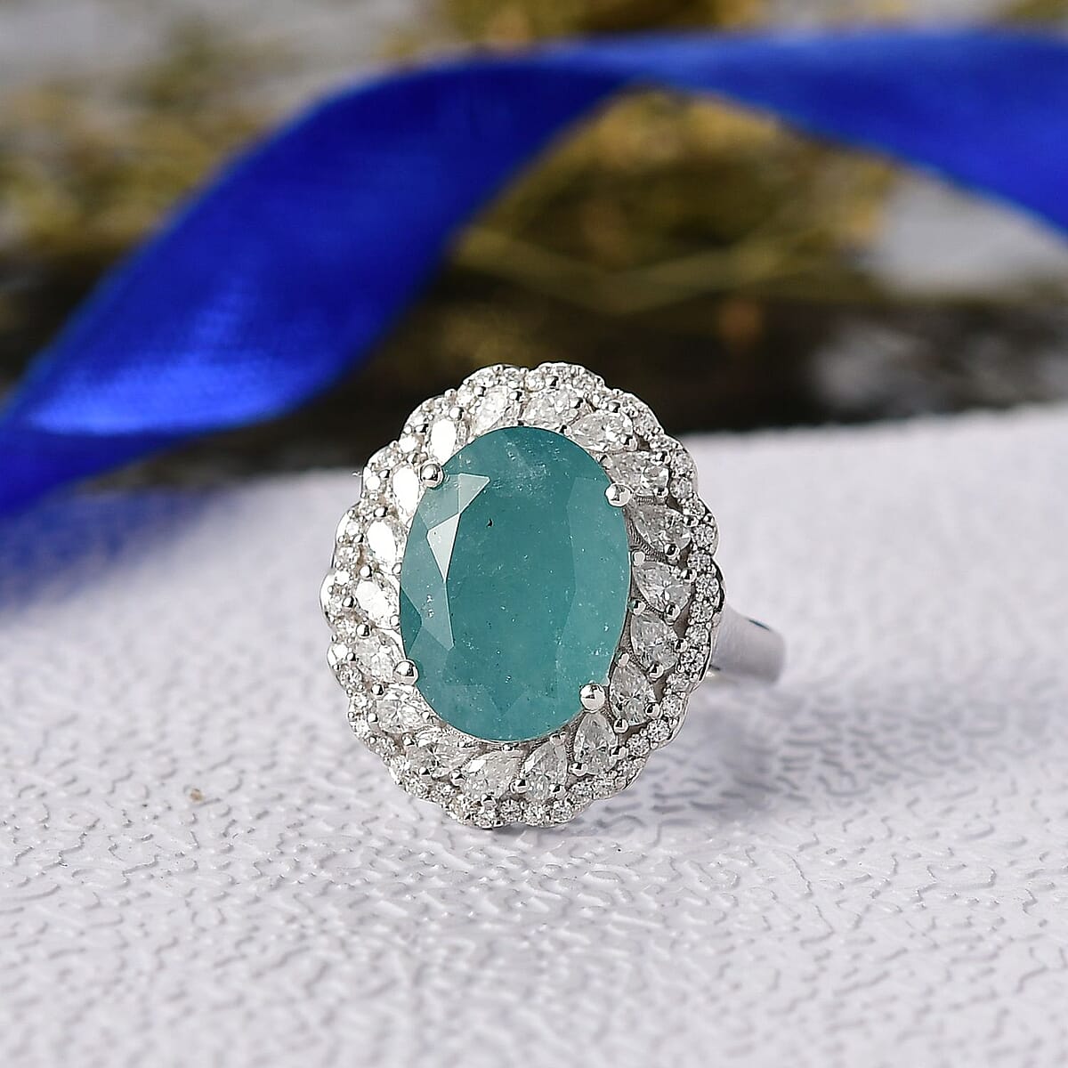 D'Joy Grandidierite and Moissanite 7.90 ctw Celestial Halo Ring in Rhodium Over Sterling Silver (Size 10.0) image number 1