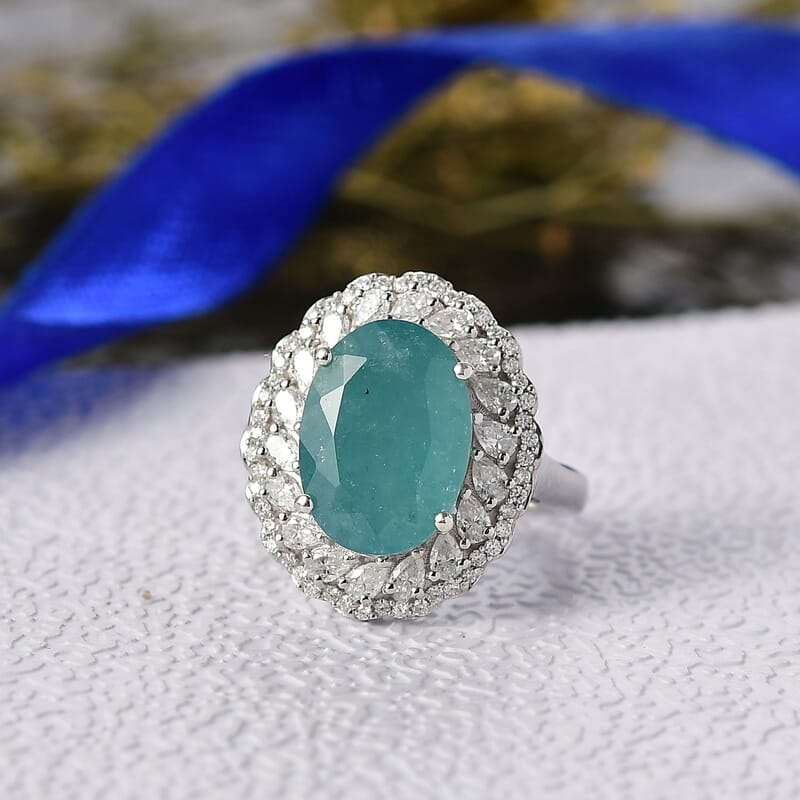 D'Joy Grandidierite, Moissanite Halo Ring in Rhodium Over Sterling Silver 7.90 ctw (Size 10.0)