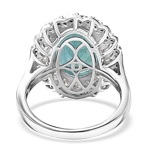 D'Joy Grandidierite, Moissanite Halo Ring in Rhodium Over Sterling Silver 7.90 ctw (Size 6.0)