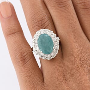 D'Joy Grandidierite, Moissanite Halo Ring in Rhodium Over Sterling Silver 7.90 ctw (Size 9.0)