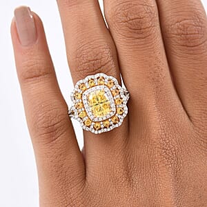 D'Joy Yellow and White Moissanite, Yellow Sapphire 3.75 ctw Floral Halo Ring in 18K Vermeil Yellow Gold Over Sterling Silver (Size 10.0)