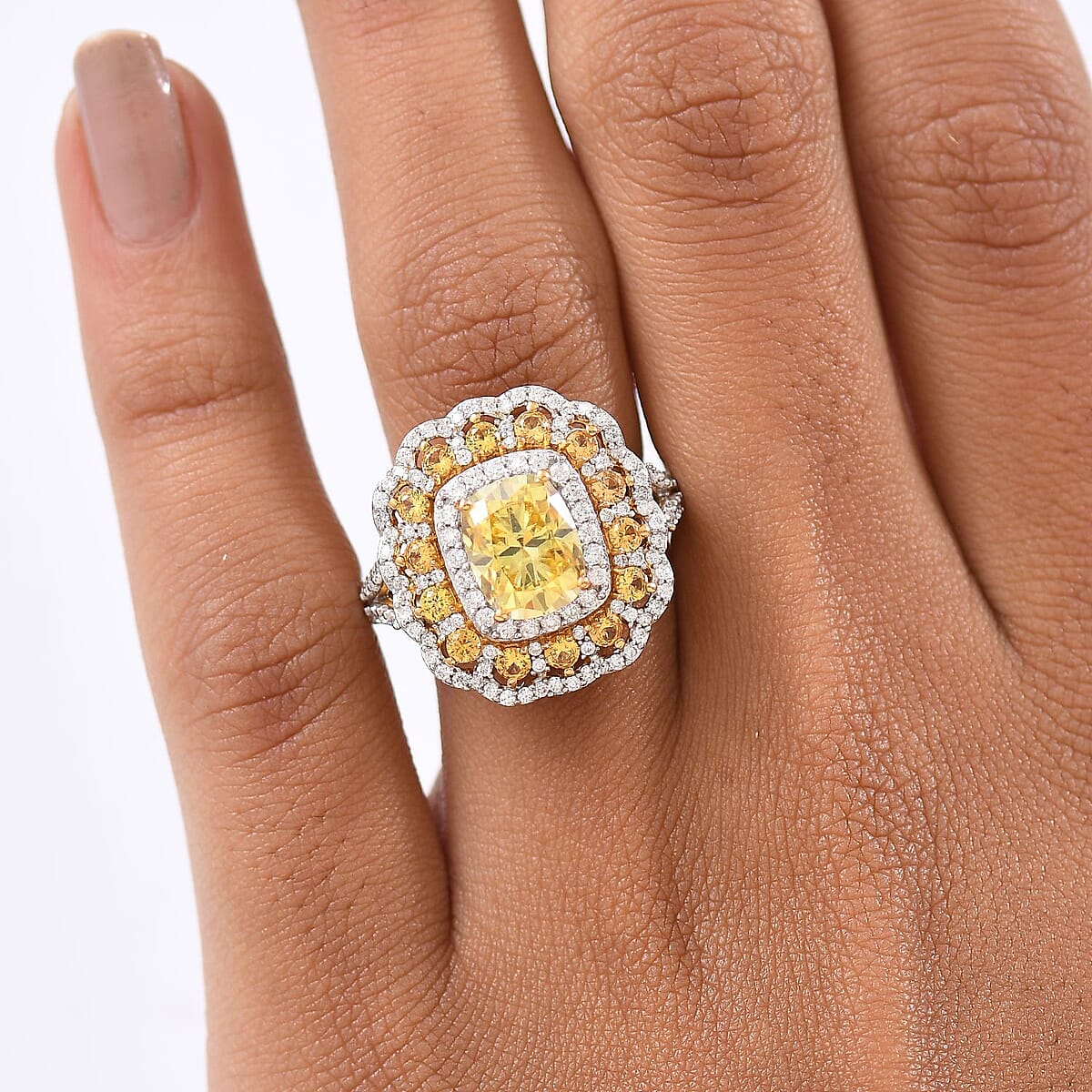 D'Joy Yellow Moissanite and Multi Gemstone 3.75 ctw Floral Halo Ring in 18K Vermeil Yellow Gold Over Sterling Silver(Size 7.0)  image number 2