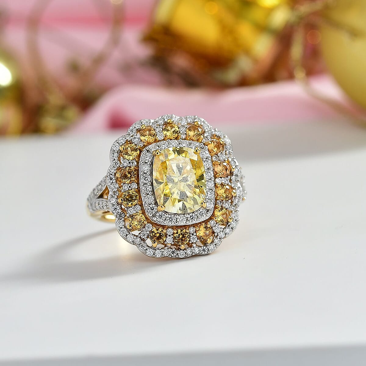 D'Joy Yellow and White Moissanite, Yellow Sapphire 3.75 ctw Floral Halo Ring in 18K Vermeil Yellow Gold Over Sterling Silver (Size 8.0) image number 1