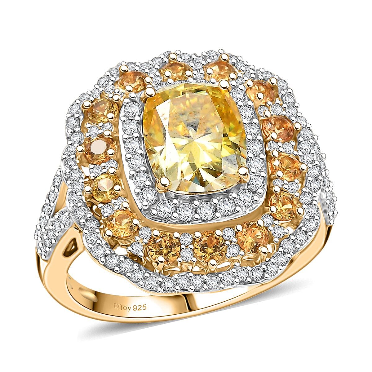 D'Joy Yellow and White Moissanite, Yellow Sapphire 3.75 ctw Floral Halo Ring in 18K Vermeil Yellow Gold Over Sterling Silver (Size 9.0) image number 0