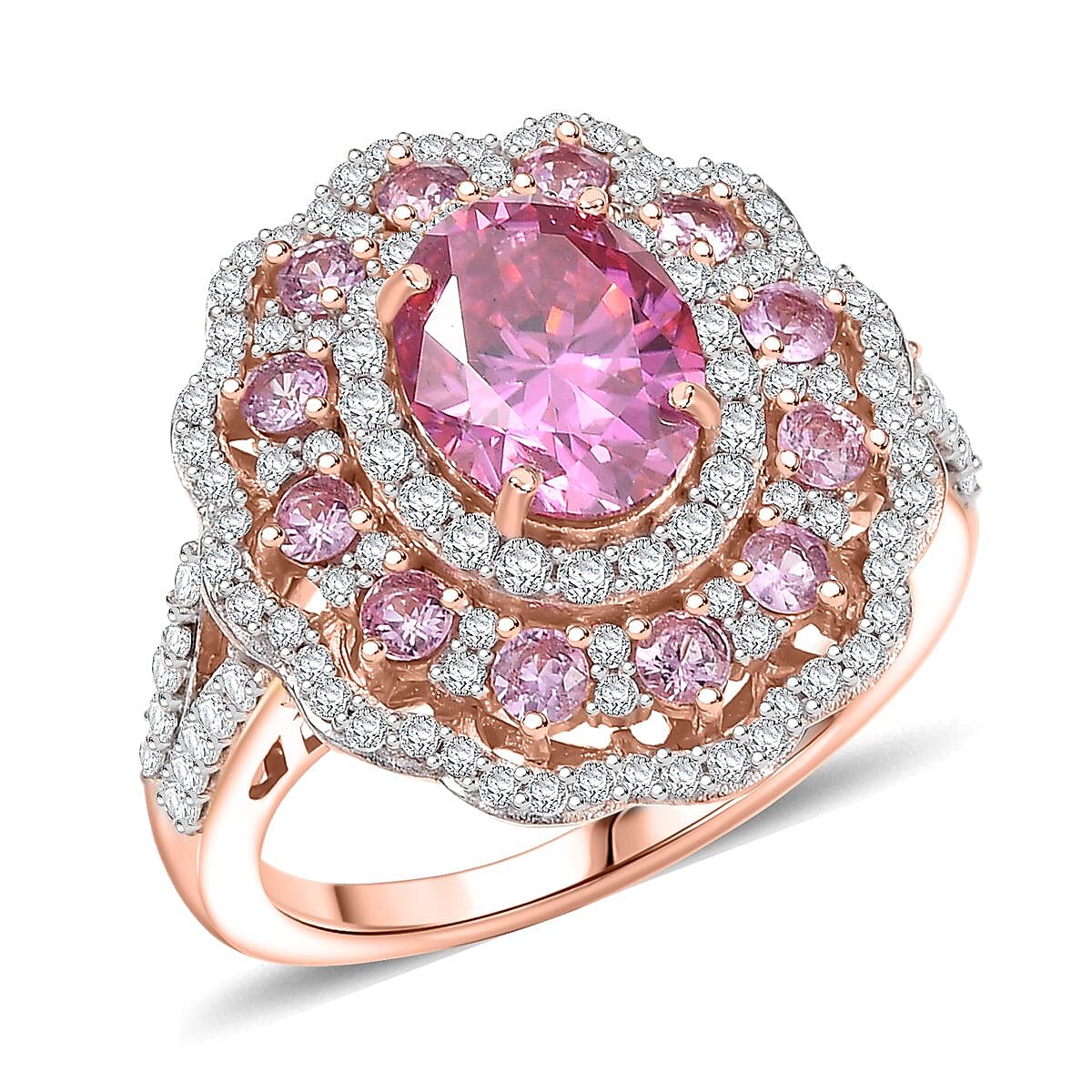 D'Joy Pink and White Moissanite, Pink Sapphire 3.50 ctw Floral Halo Ring in 18K Vermeil Rose Gold Over Sterling Silver (Size 10.0) image number 0