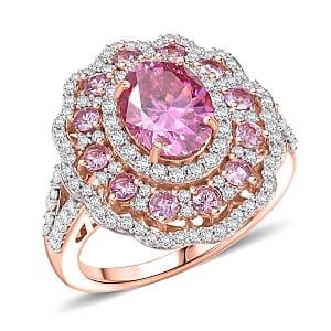 D'Joy Pink and White Moissanite, Pink Sapphire 3.50 ctw Floral Halo Ring in 18K Vermeil Rose Gold Over Sterling Silver (Size 10.0)