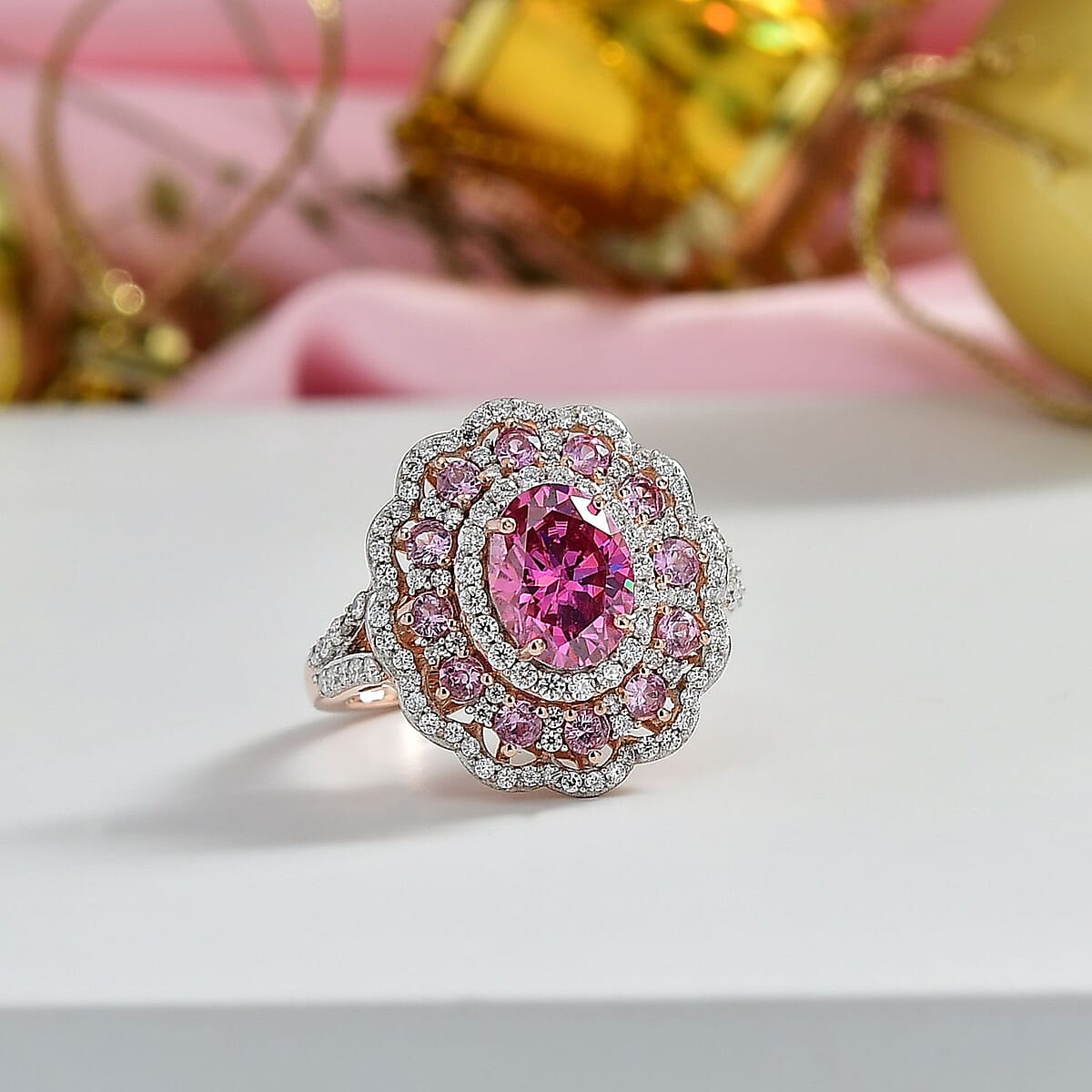 D'Joy Pink and White Moissanite, Pink Sapphire 3.50 ctw Floral Halo Ring in 18K Vermeil Rose Gold Over Sterling Silver (Size 10.0) image number 1