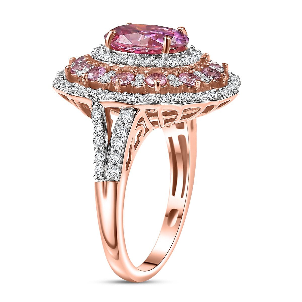 D'Joy Pink and White Moissanite, Pink Sapphire 3.50 ctw Floral Halo Ring in 18K Vermeil Rose Gold Over Sterling Silver (Size 10.0) image number 3