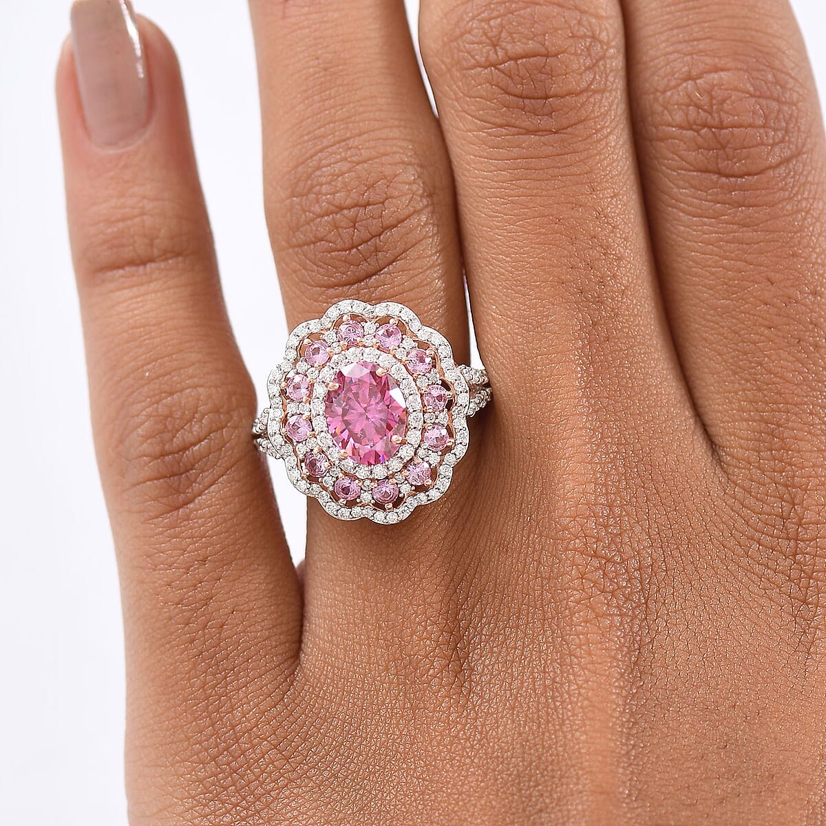 D'Joy Pink Moissanite and Multi Gemstone 3.55 ctw Floral Halo Ring in 18K Vermeil Rose Gold Over Sterling Silver (Size 7.0)  image number 2