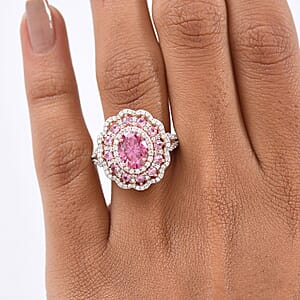 D'Joy Pink Moissanite and Multi Gemstone 3.55 ctw Floral Halo Ring in 18K Vermeil Rose Gold Over Sterling Silver (Size 7.0) 