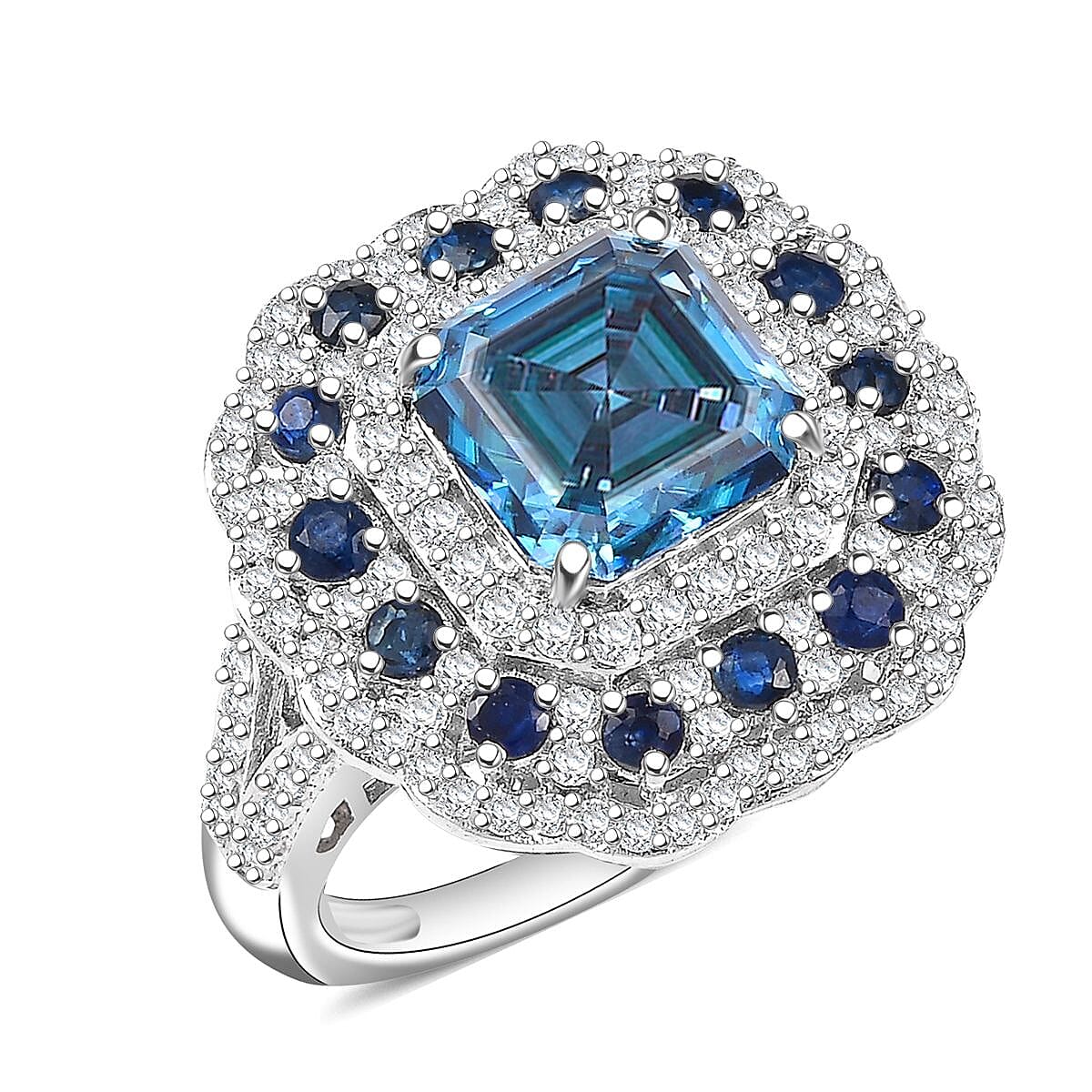 D'Joy Asscher Cut Blue and White Moissanite, Blue Sapphire 4.35 ctw Floral Halo Ring in Rhodium Over Sterling Silver (Size 10.0) image number 0