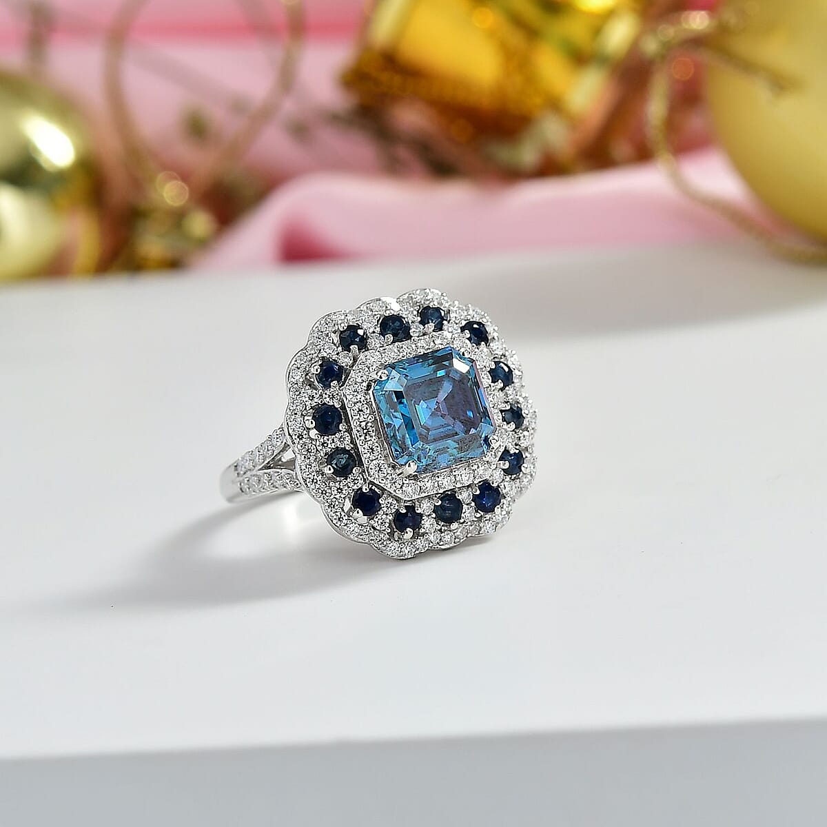 D'Joy Asscher Cut Blue and White Moissanite, Blue Sapphire 4.35 ctw Floral Halo Ring in Rhodium Over Sterling Silver (Size 10.0) image number 1