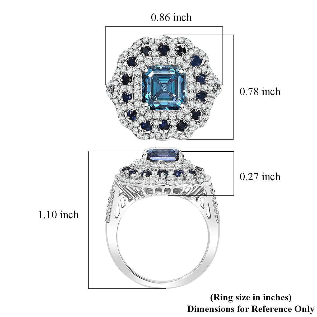 D'Joy Asscher Cut Blue and White Moissanite, Blue Sapphire 4.35 ctw Floral Halo Ring in Rhodium Over Sterling Silver (Size 10.0) image number 5