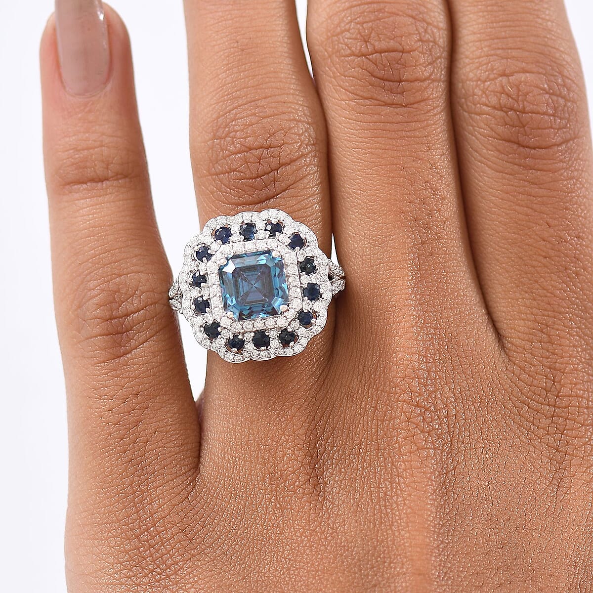 D'Joy Asscher Cut Blue and White Moissanite, Blue Sapphire 4.35 ctw Floral Halo Ring in Rhodium Over Sterling Silver (Size 8.0) image number 2