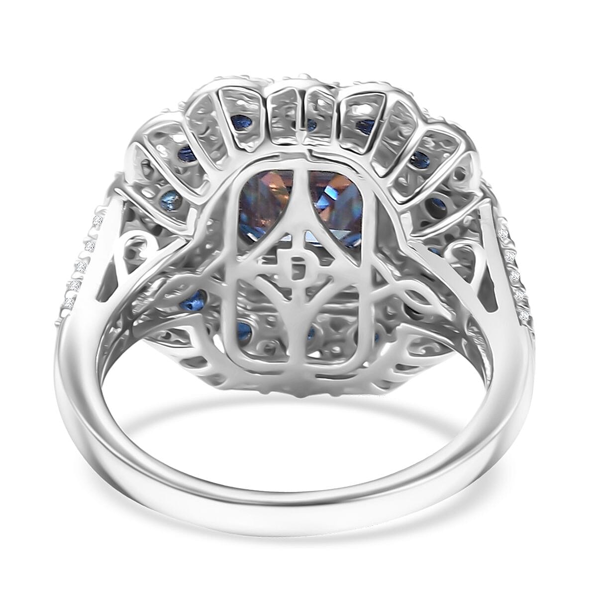 D'Joy Asscher Cut Blue and White Moissanite, Blue Sapphire 4.35 ctw Floral Halo Ring in Rhodium Over Sterling Silver (Size 8.0) image number 4