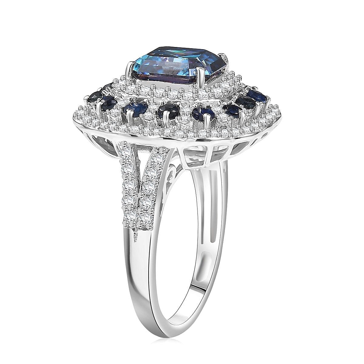 D'Joy Asscher Cut Blue and White Moissanite, Blue Sapphire 4.35 ctw Floral Halo Ring in Rhodium Over Sterling Silver (Size 9.0) image number 3
