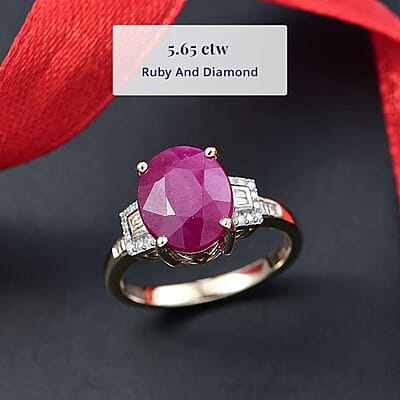 Luxoro 10K Yellow Gold AAA Royal Ruby, Diamond (G-H, I2) (0.16 cts) Ring (Size 10.0) 5.65 ctw