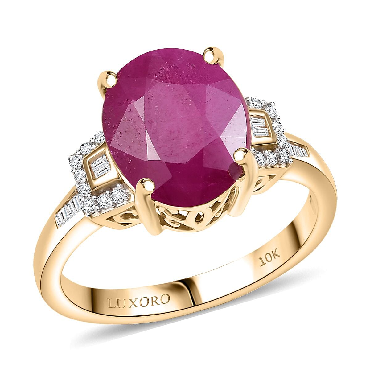 Luxoro AAA Royal Ruby and Diamond G-H I2 5.65 ctw Empress Crest Ring in 10K Yellow Gold (Size 6.0) image number 0