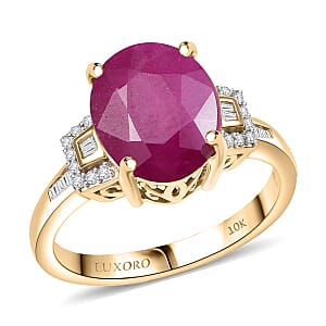 Luxoro AAA Royal Ruby and Diamond G-H I2 5.65 ctw Empress Crest Ring in 10K Yellow Gold (Size 6.0)