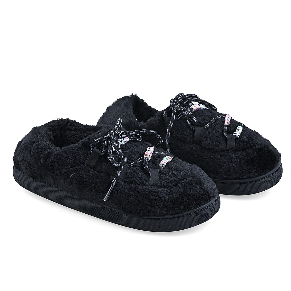 RAMPAGE Fur Black Teddy Bead Lace Up Slippers S image number 0