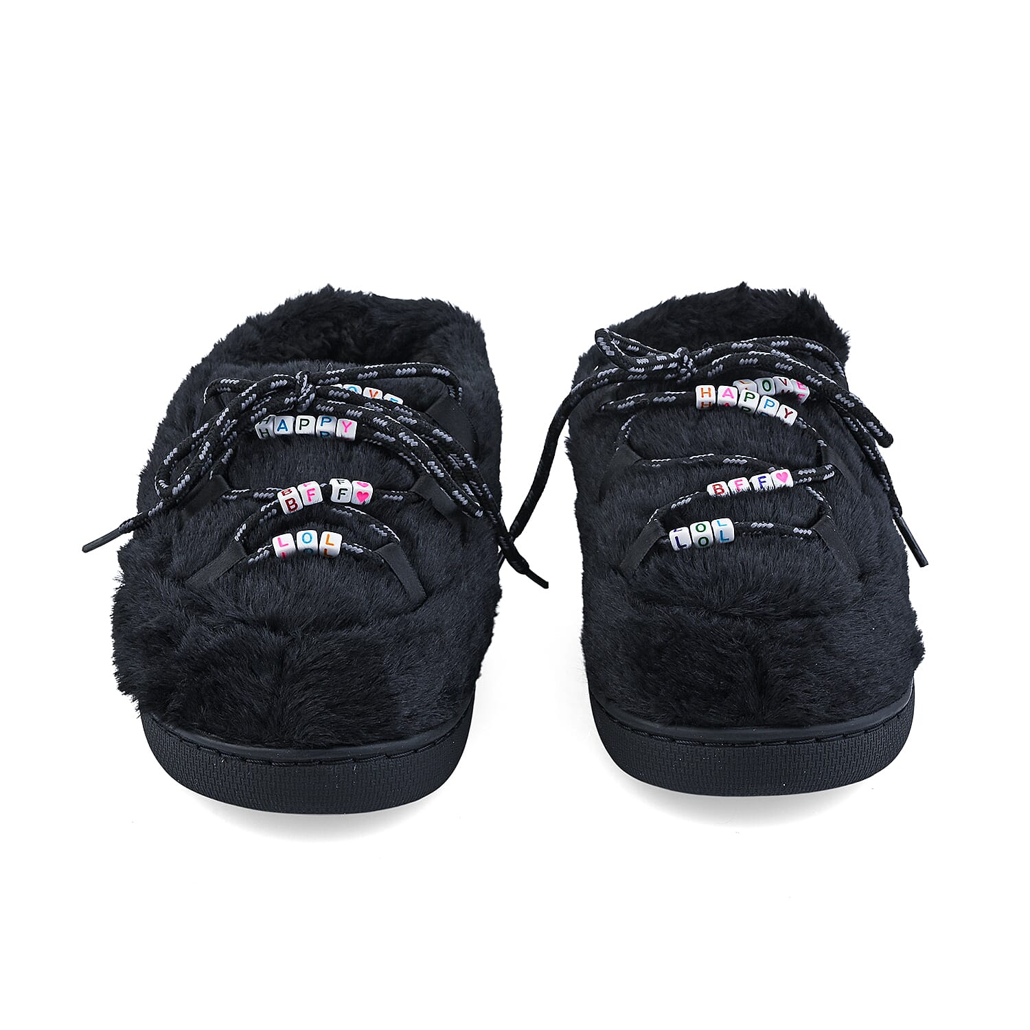 RAMPAGE Fur Black Teddy Bead Lace Up Slippers S