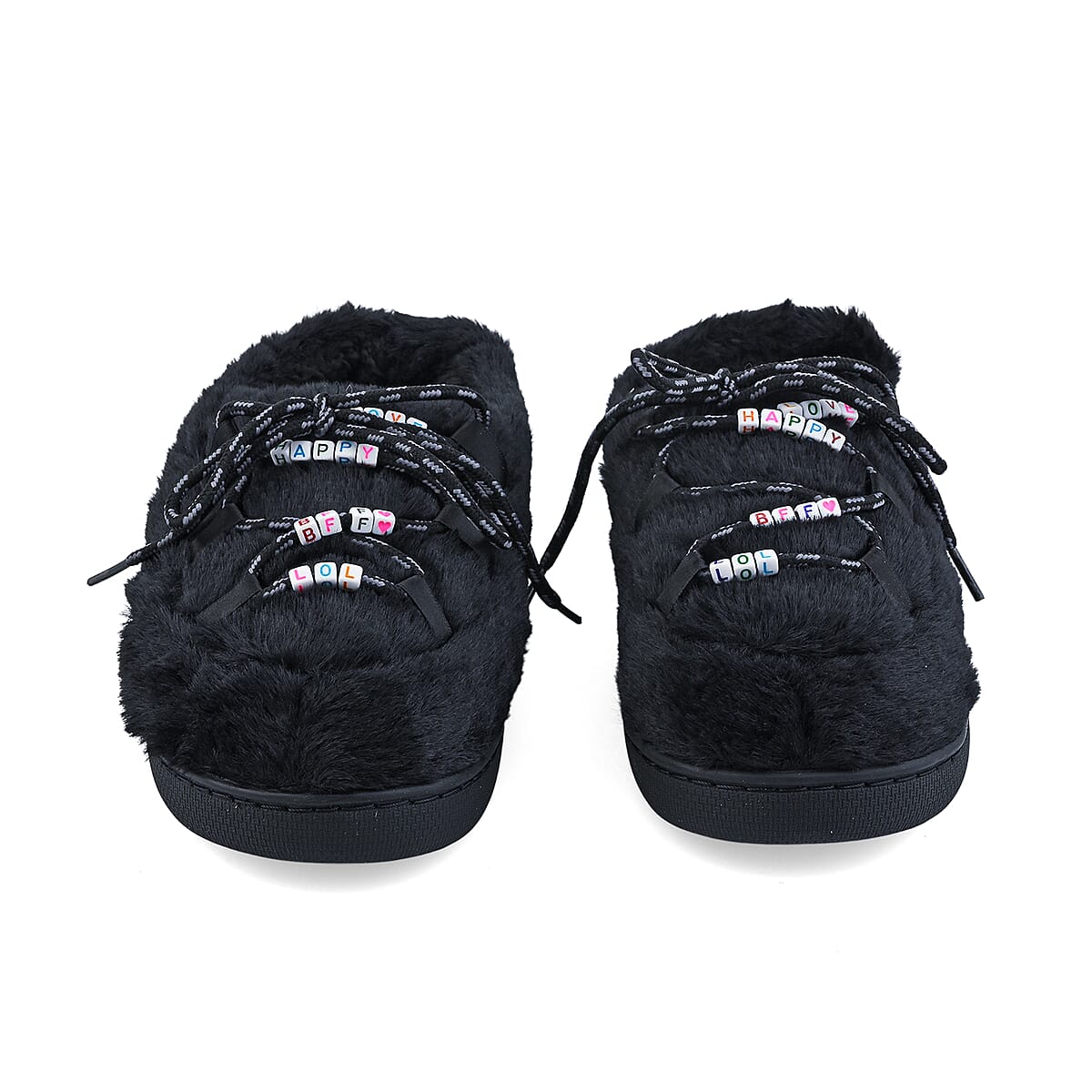 RAMPAGE Fur Black Teddy Bead Lace Up Slippers S image number 3