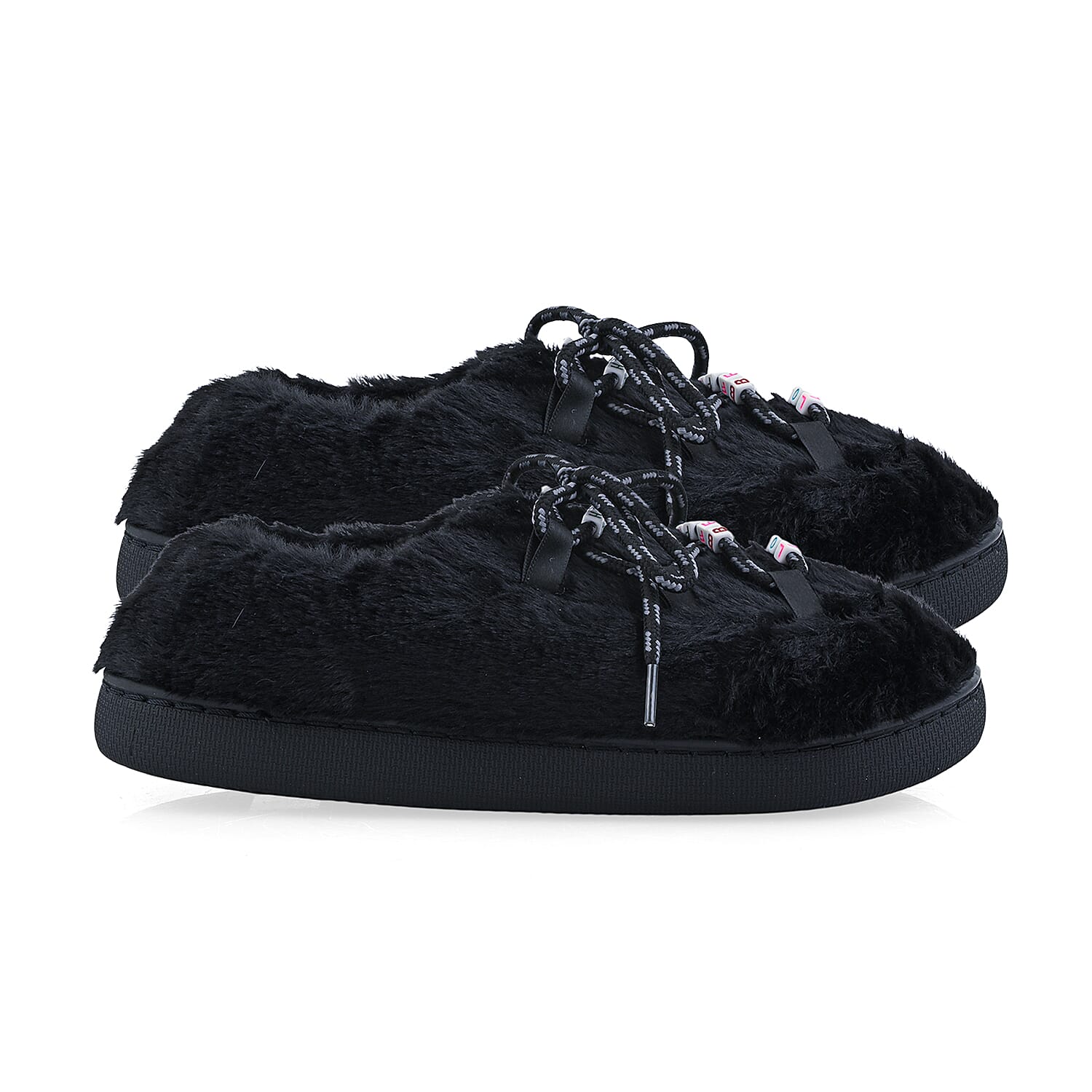 RAMPAGE Fur Black Teddy Bead Lace Up Slippers S