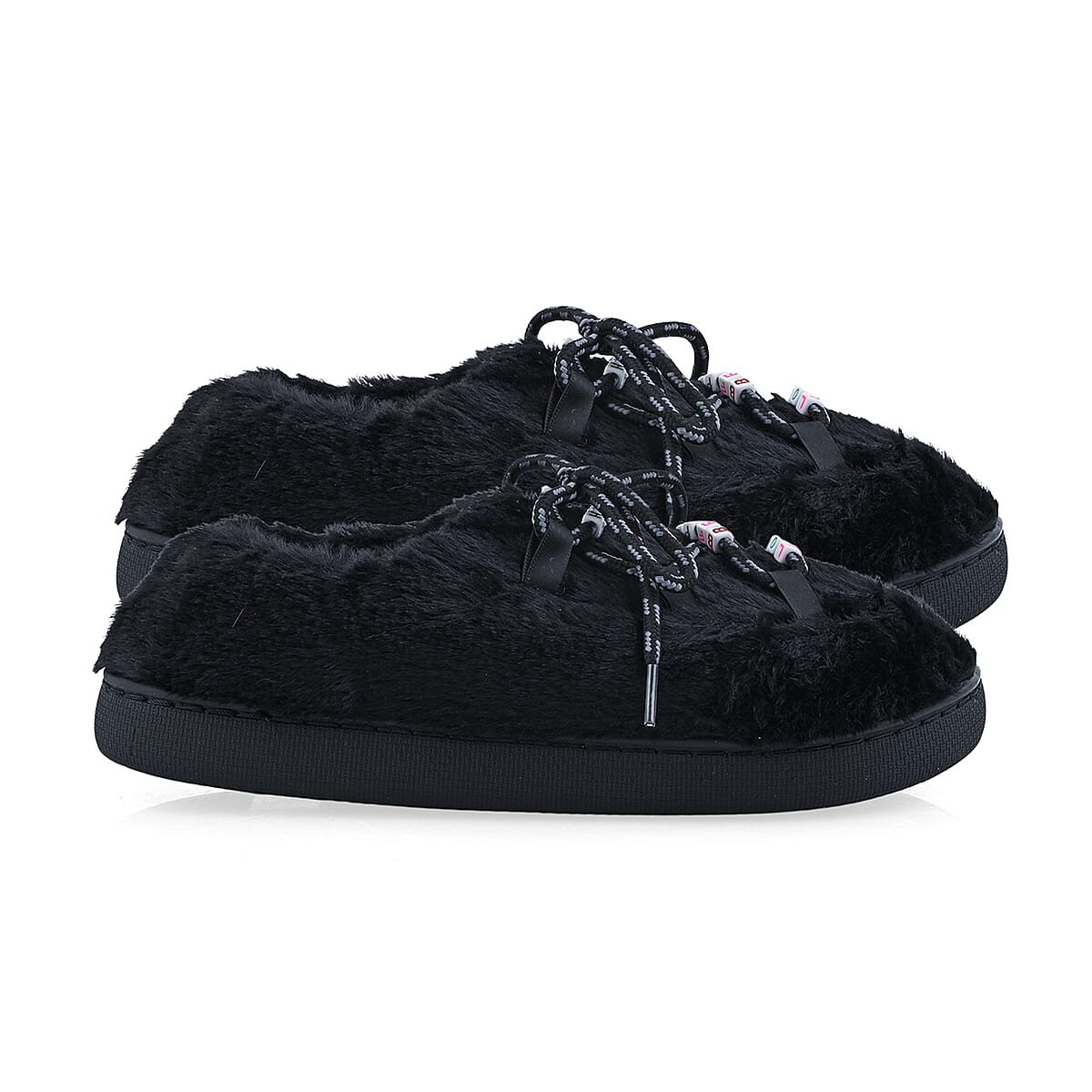 RAMPAGE Fur Black Teddy Bead Lace Up Slippers L image number 4