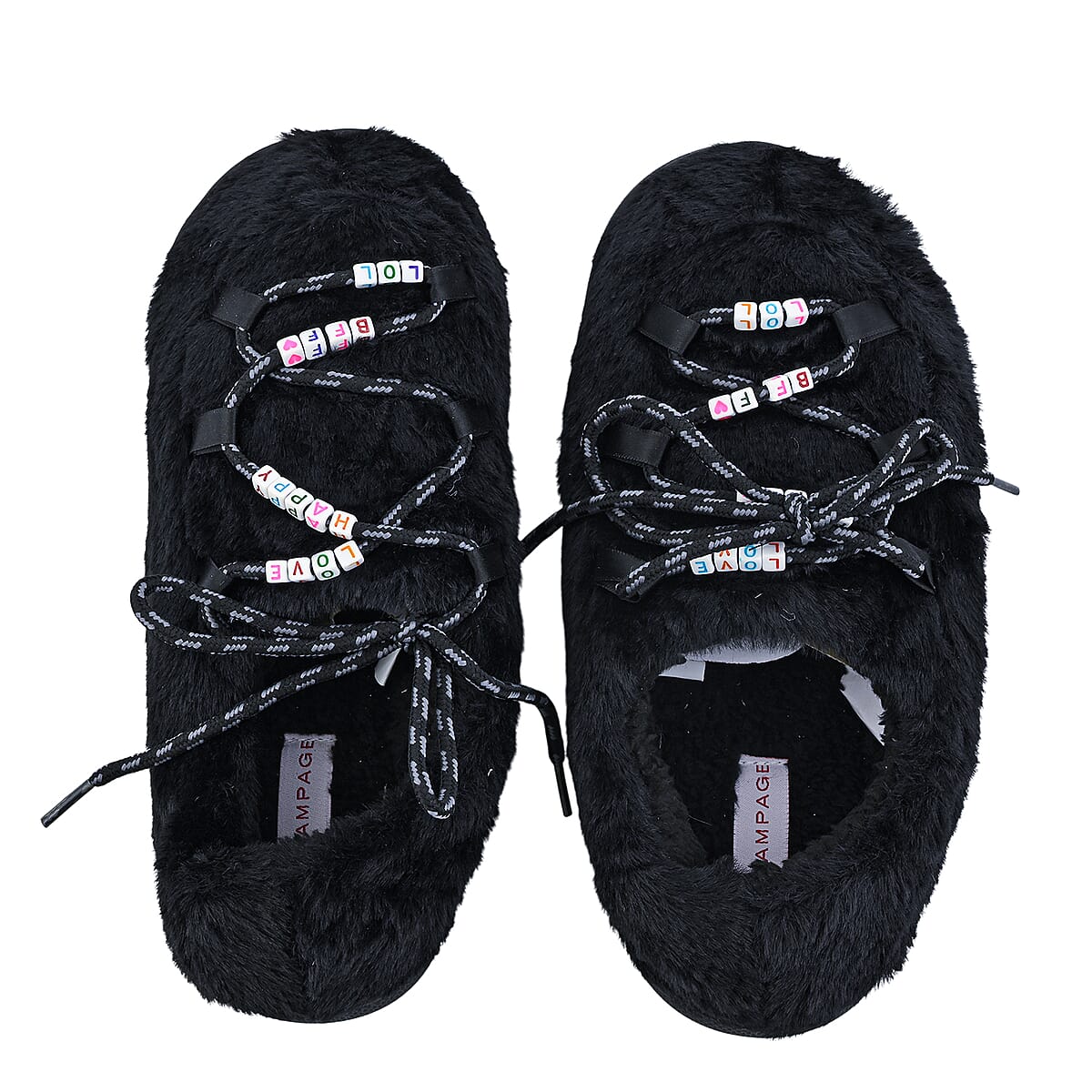 RAMPAGE Fur Black Teddy Bead Lace Up Slippers L image number 5