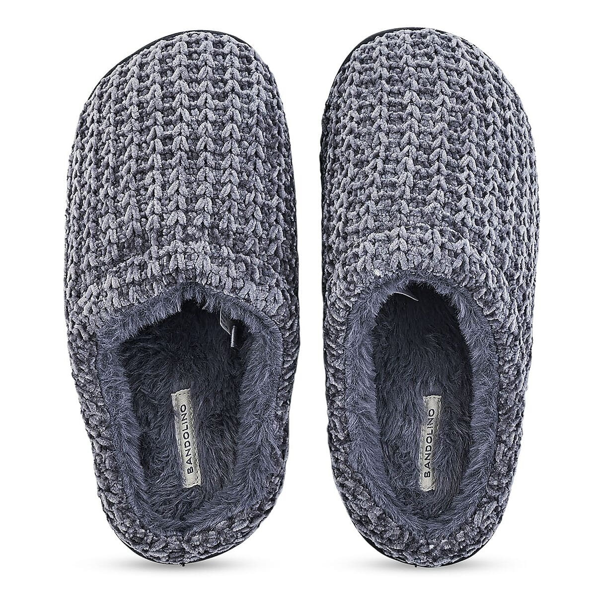 BANDOLINO Black Fur Lined Chenille House Slippers in Gifting Box - L image number 3