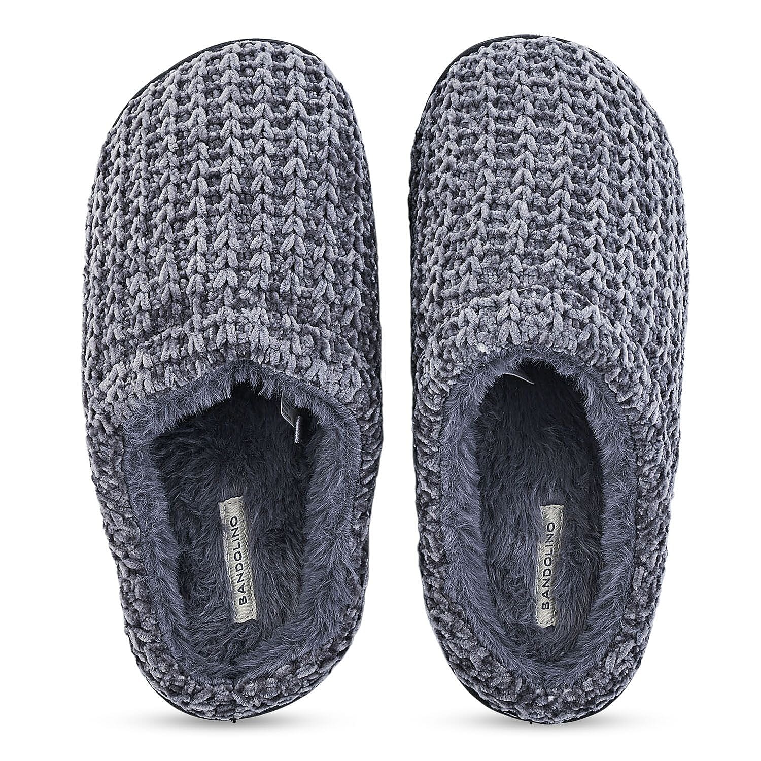 BANDOLINO Black Fur Lined Chenille House Slippers in Gifting Box - L