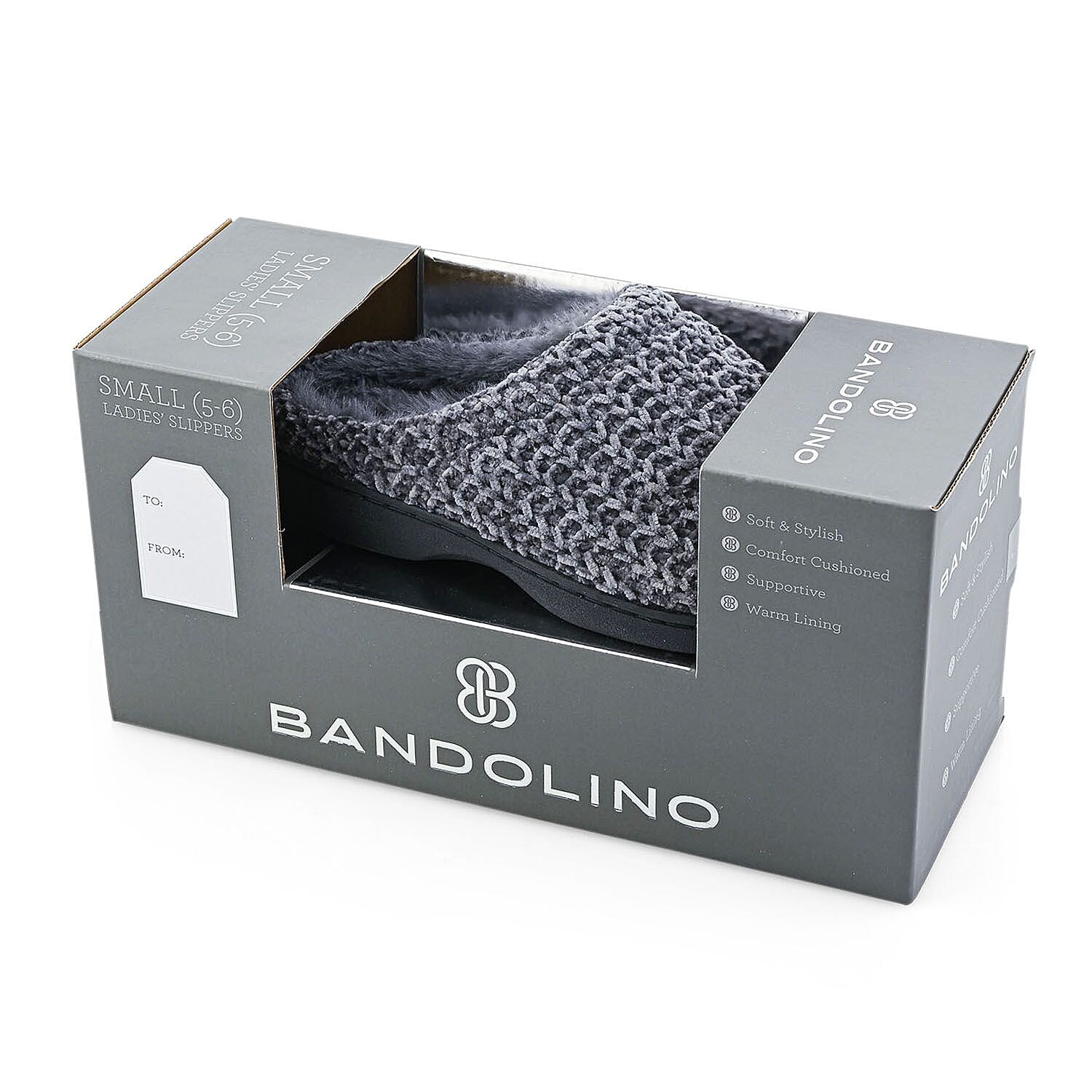 BANDOLINO Black Fur Lined Chenille House Slippers in Gifting Box - L