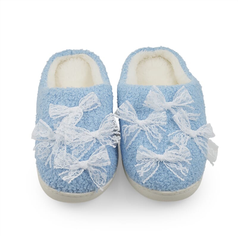 RAMPAGE Blue Bow Teddy Slippers with Matching Stainless Steel Water Bottle Gift Box – Large (9/10)