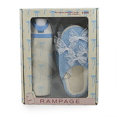 RAMPAGE Blue Bow Teddy Slippers with Matching Stainless Steel Water Bottle Gift Box – Large (9/10)