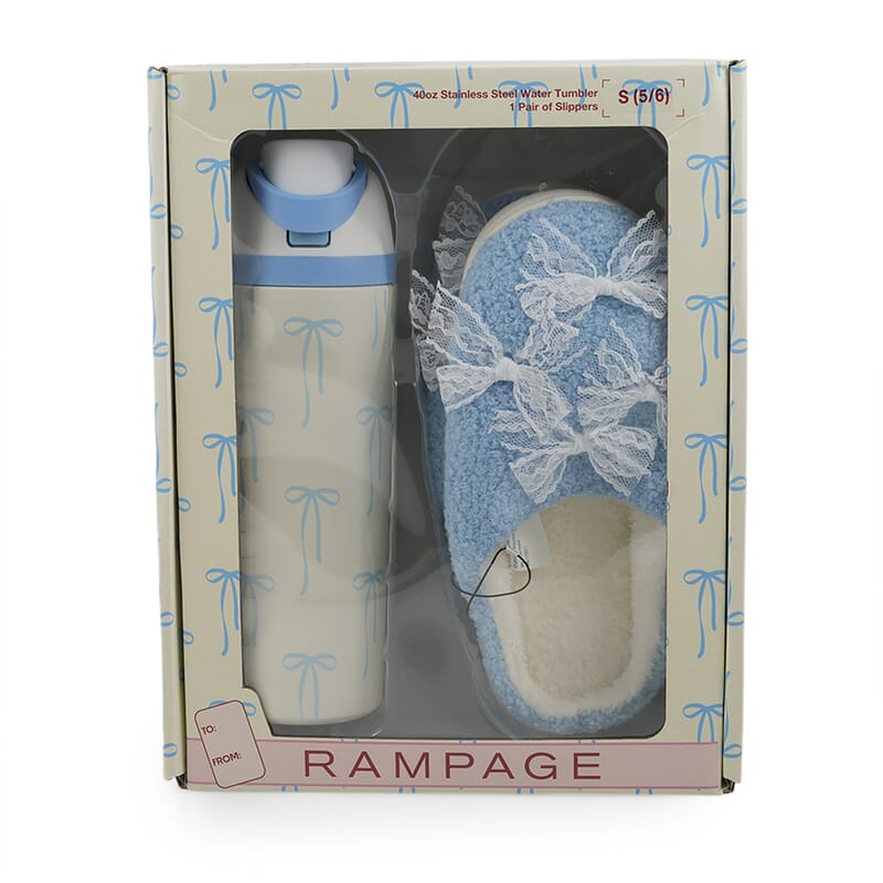 RAMPAGE Blue Bow Teddy Slippers with Matching Stainless Steel Water Bottle Gift Box – Large (9/10)