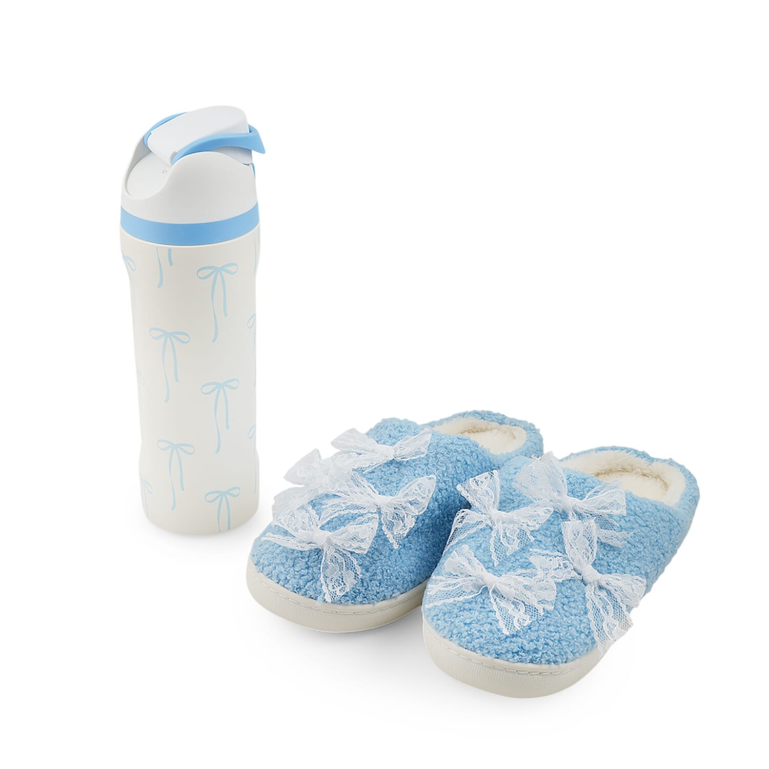 RAMPAGE Blue Bow Teddy Slippers with Matching Stainless Steel Water Bottle Gift Box – Medium (7/8)