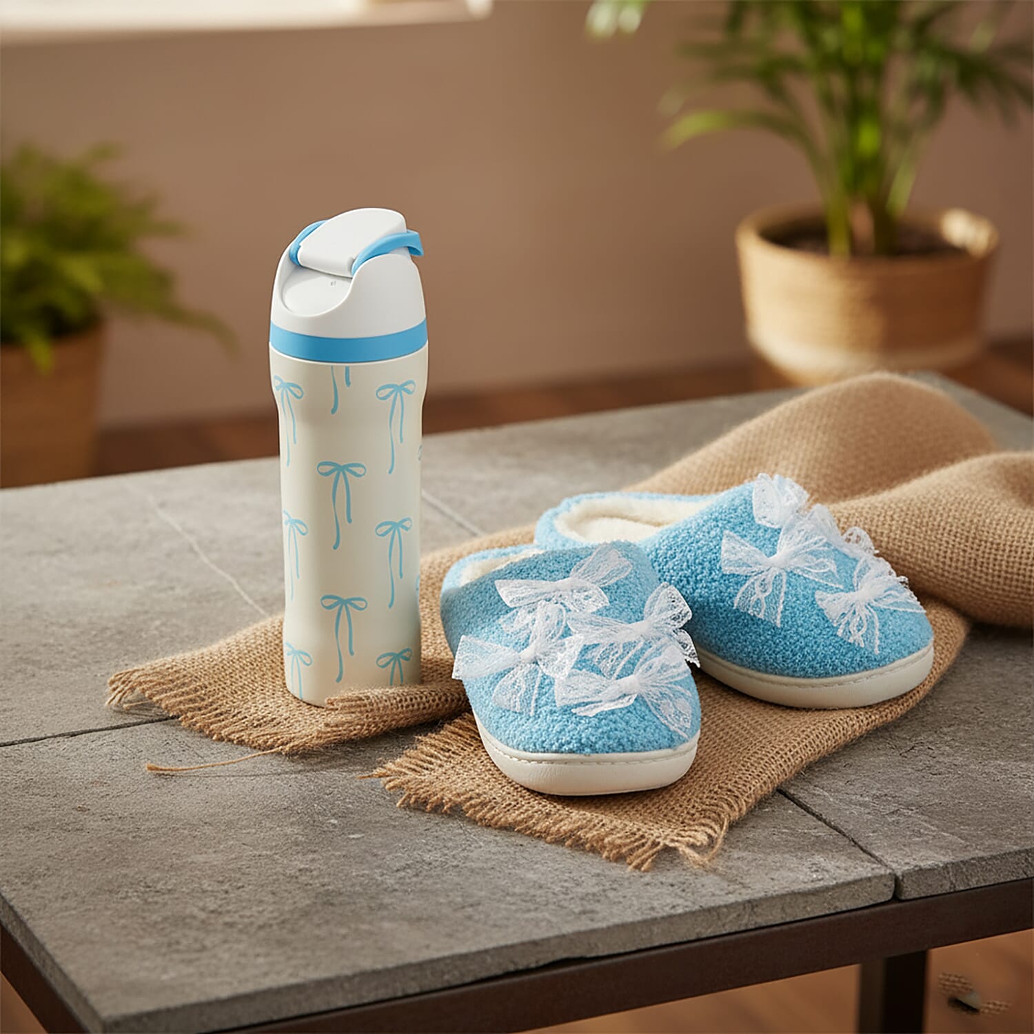RAMPAGE Blue Bow Teddy Slippers with Matching Stainless Steel Water Bottle Gift Box – Medium (7/8)