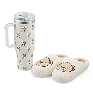 RAMPAGE Ivory Bear Teddy Slippers with Matching Stainless Steel Water Bottle Gift Box &ndash; Medium (7/8)