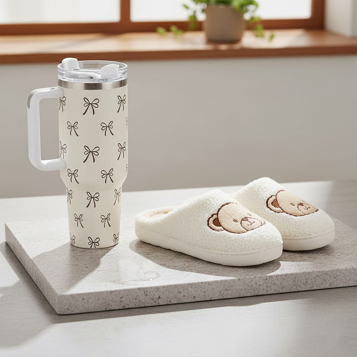 RAMPAGE Ivory Bear Teddy Slippers with Matching Stainless Steel Water Bottle Gift Box &ndash; Medium (7/8) image number 1