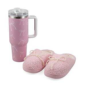 RAMPAGE Pink Pearl Bow Teddy Slippers with Matching Stainless Steel Water Bottle Gift Box &ndash; Large (9/10)