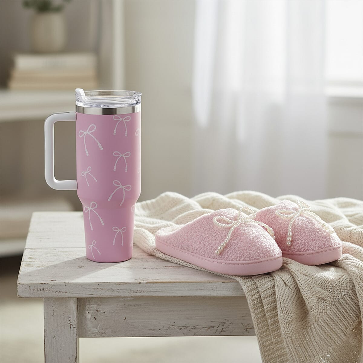 RAMPAGE Pink Pearl Bow Teddy Slippers with Matching Stainless Steel Water Bottle Gift Box &ndash; Medium (7/8) image number 1