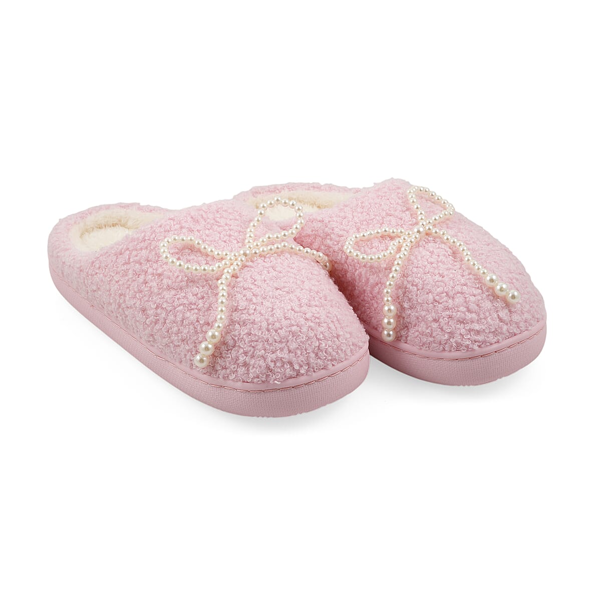 RAMPAGE Pink Pearl Bow Teddy Slippers with Matching Stainless Steel Water Bottle Gift Box &ndash; Medium (7/8) image number 3